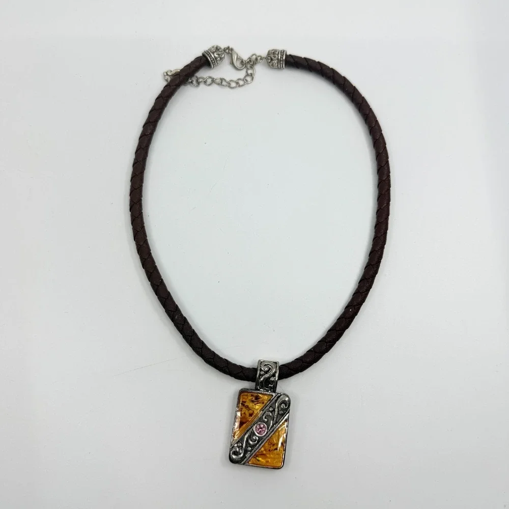 VTG Amber & Silver Resin Statement Necklace with Braided Leather Pendant